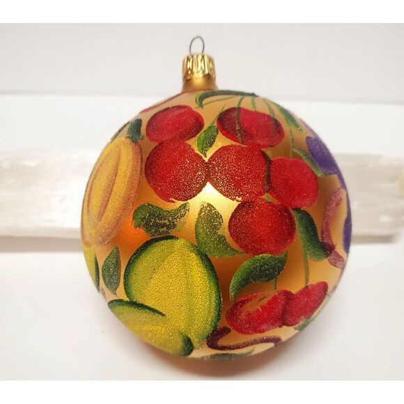 Hand Painted Ornament 4"Brassy Gold Jewel Tone Fruits Flocked Texture w/ Sparkle - Picture 3 of 14